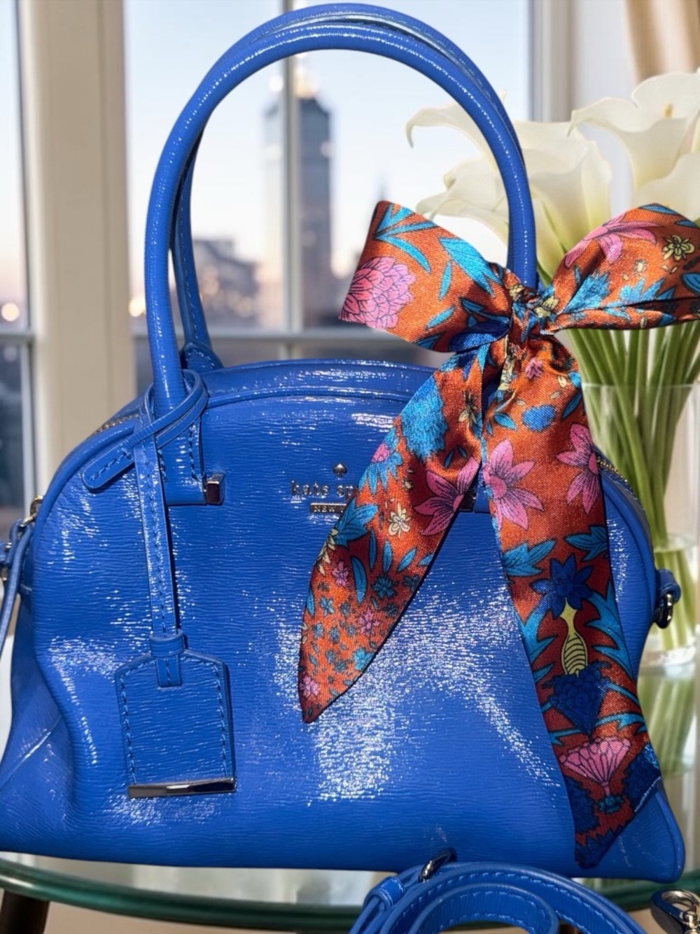 kate spade cobalt patent leather satchel with floral silk scarf